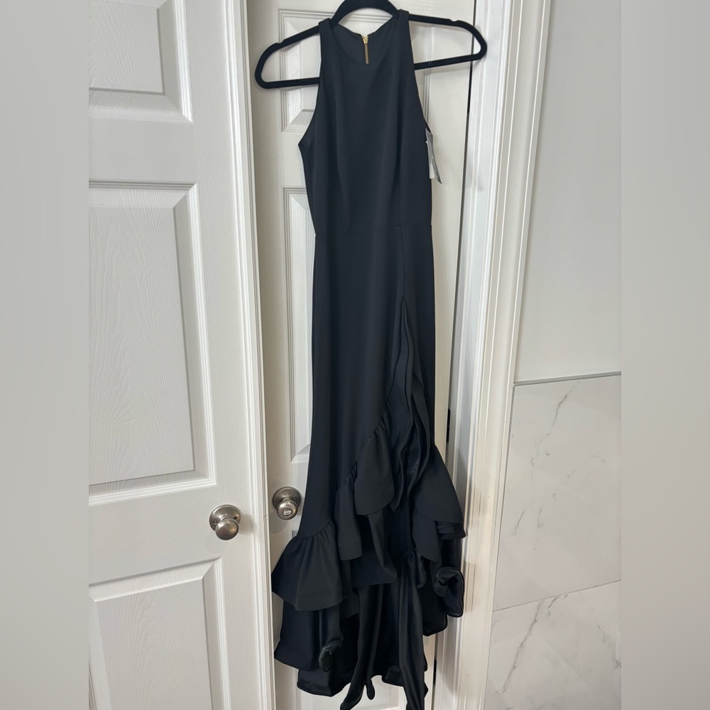 Betsy & Adam Ruffle Halter Crepe Gown: Black